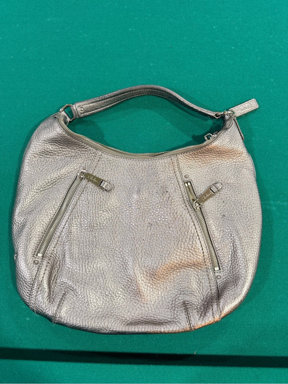Cole Haan Metallic Silver Pebbled Leather Hobo Bag